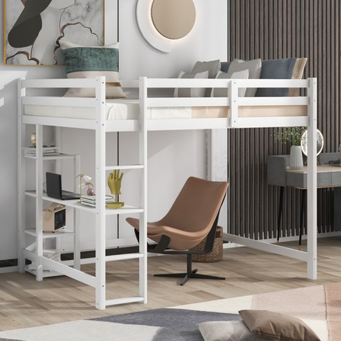 White full size loft store bed with desk