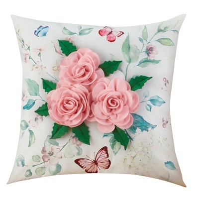 Collections Etc 3d Pink Flowers And Butterfly Accent Pillow 16 X 16 X 1 ...