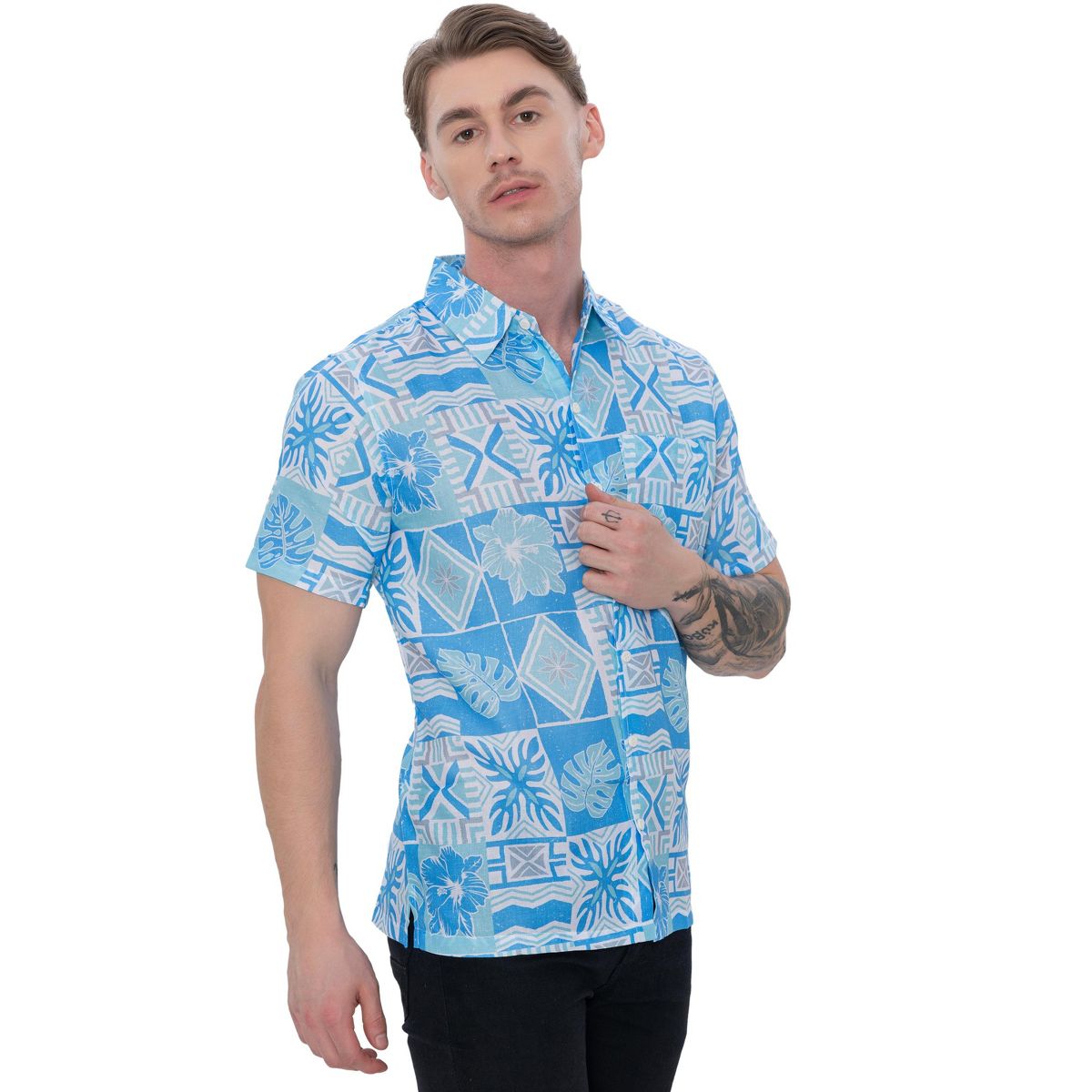 HAPPY BAY Mens Hawaiian Shirts Short Sleeve Button Down Shirt Mens Holiday Beach Shirts Casual Tropical Shirts for Men Funny XXL Abstract Leafs Blue - thumbnail 5