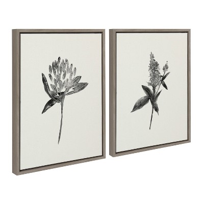 Set of 2 Gray Botanical Print on Canvas with Polystyrene Frame