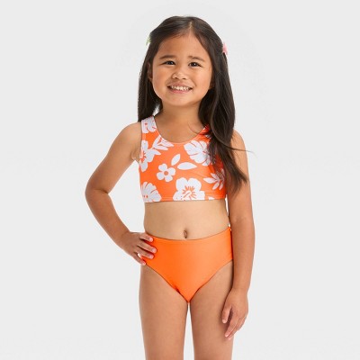 Image of Baby Girls' Bikini Set - Cat & Jack™ Orange 12M: Floral Print, UPF 50+ Protection, Stretch Fabric, Machine Washable