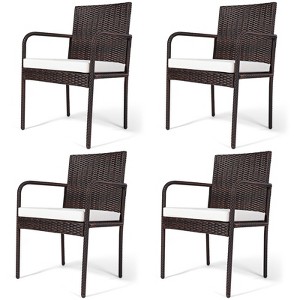 Tangkula Set of 4 Rattan Wicker Dining Chairs Patio Outdoor w/ Cushion Armrest - 1 of 4