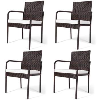 Tangkula Set of 4 Rattan Wicker Dining Chairs Patio Outdoor w/ Cushion Armrest