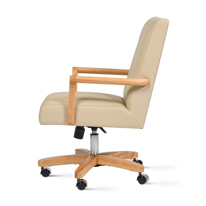 Dumont Modern Farmhouse High Back Executive Home Office Chair, Neutral Cream Beige Leather & Natural Wood, 2 of 8