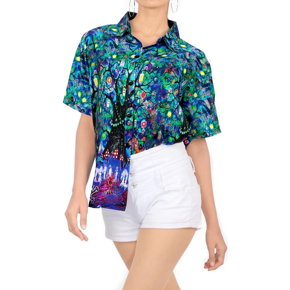HAPPY BAY Women's Hawaiian Blouse Dresses Button Down Tops Dress Shirt Short Sleeve Halloween Costumes Vintage Shirts for Women XX-Large Blue, Ghost - thumbnail 4