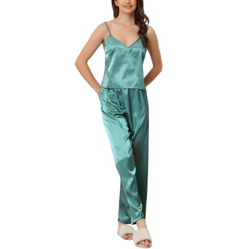 cheibear Womens Satin Sleepwear Cowl Neck Cami Top with Long Pant PJ  Loungewear Silky Pajama Set