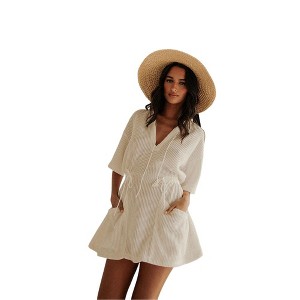 Women's Ribbed Knit V-Neck Cover-Up Dress Drawstring Waist Beach Vacation  Resort Dresses,L,White : Target