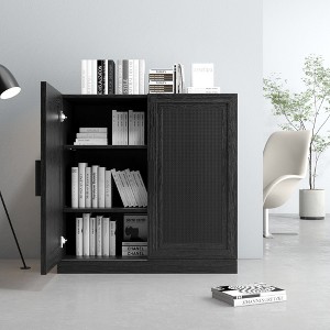 31"x31"x16" Wood Grain Buffet Cabinet in Black, Storage Organizer with Adjustable Shelves and Rattan Doors for Kitchen Bedroom Living/Dinning Room - 1 of 4