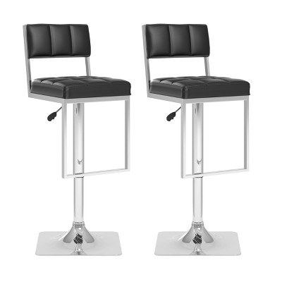 Set of 2 Adjustable Counter Height Square Tufted Barstool Black - CorLiving: Swivel, Faux Leather, Metal Frame