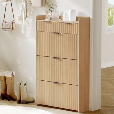 Modern Fluted Shoe Cabinet with 3 Flip Drawers, Slim Shoe Storage Organizer with 2 Drawers