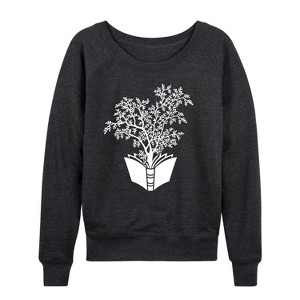 Women's - Instant Message - Tree Book Lightweight French Terry Wide Neck Long Sleeve Graphic Shirt - 1 of 4