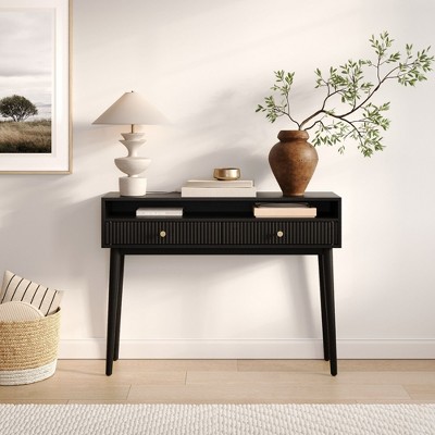 Stead Fluted Console Table with Swing Doors - Small Entry Table for Narrow Spaces - Living Room Furniture (Black)