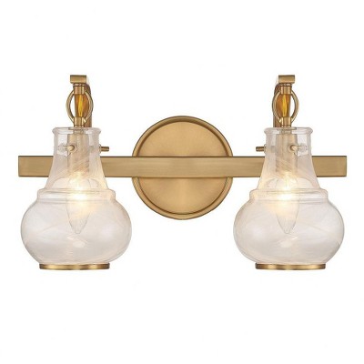 Warm Brass 2-Light Vanity with White Strie Glass Shades