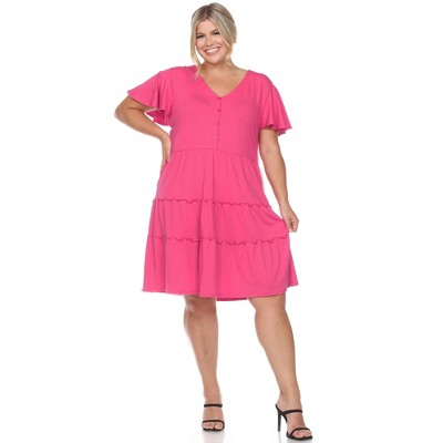 White short sleeve, plus size flowy dress with a tie front. 95% rayon and  5% spandex. Sold in packs of six - two 1X, two 2X, and two two 3X., 732985