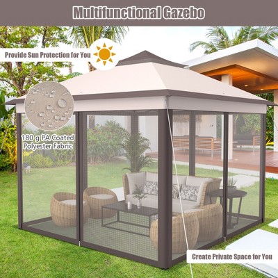 Beige and Brown 11'x11' 2-Tier Pop-Up Gazebo Tent with Mesh