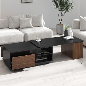 KWPZQEB Extendable Coffee Table, Wood Coffee Table with Length Adjustable, Rectangular Center Table with 2 Storage Drawers for Living Room,Black+Brown - 1 of 4