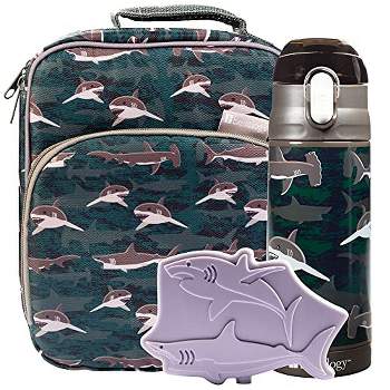 Bentology Kids Lunch Bag Set (Shark)- Includes Padded, Insulated Tote,Reusable Hard Ice Pack & Insulated Stainless Steel Water Bottle