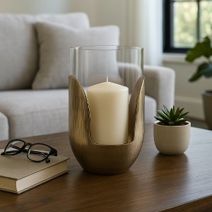 Modern Glass Pillar Hurrican Candle Holder with Metal Base - Decorative Home Decor for Living Room, Tables, Entryway, or Console Accent - Gold - 1 of 4