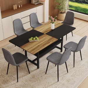 7-Piece Dining Set with Storage Space, Rectangular Table and 6 Linen Fabric Chairs - 1 of 4
