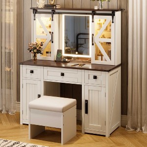 AENKYO 43.3" Makeup Vanity Desk with 3 - Color Adjustable LED Lights - Rustic Dressing Table with Storage Stool, 3 Drawers & 4 Cabinets, Beige - 1 of 4