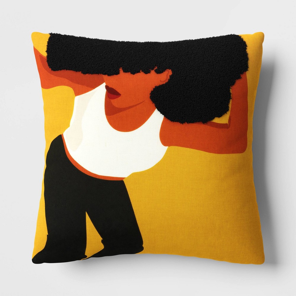 Lounging Portrait Embroidered Cotton Square Throw Pillow Gold - Room Essentials™: Decorative, Knife Edge, Indoor Use