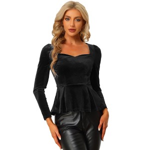 INSPIRE CHIC Women's Elegant Sweetheart Neck Long Sleeve Velvet Peplum Top - 1 of 4