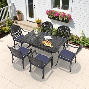 7-Piece Cast Aluminum Outdoor Dining Set: Rectangle Table, Stackable Chairs & Blue Cushions - All-Weather Patio Furniture for Your Backyard - 1 of 4
