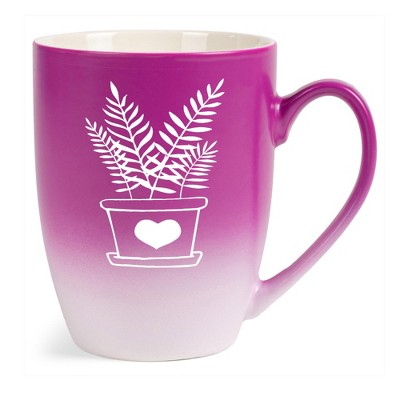 Elanze Designs Botanical Foliage Nature Coffee Cup Mug 12 Ounce Ceramic With Ombre Gradient Elegant Minimalist Fern in Heart Planter Silhouette Pink