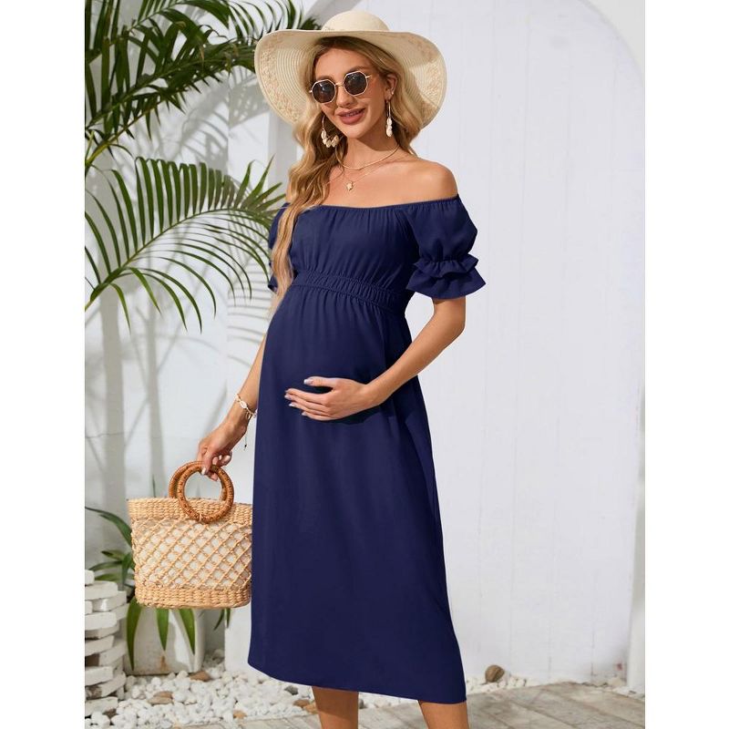 Whizmax Women's Maternity Off Shoulder Dress Ruffle Short Sleeve Summer Casual Flowy Midi Dress Baby Shower Photoshoot, 2 of 9