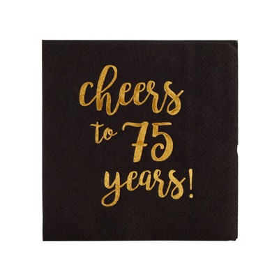 Black and Gold Cheers to 75 Years Cocktail Napkins, 50-Pack