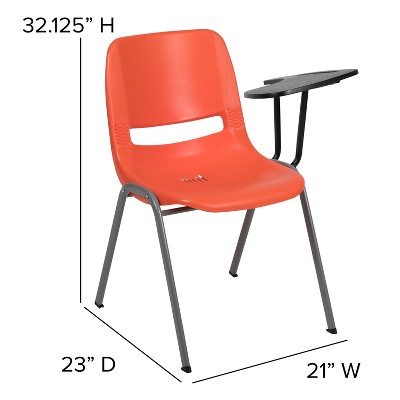 Compact Orange Ergonomic Shell Chair with Flip-Up Tablet Arm