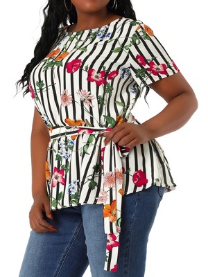 Agnes Orinda Women's Plus Size Floral Short Sleeve Stripe Tie Waist Summer  Blouses