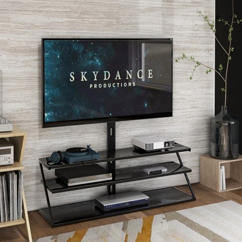 Adjustable Tempered Glass Tv Stand Tv Floor Holder Swivel Entertainment Center With Metal Frame Wire Management Modern Entertainment Shelves Target
