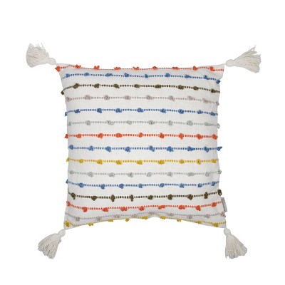 Multicolor 20 x 20 inch Decorative Cotton Throw Pillow Cover with Insert and Hand Tied Chenille Knots - Foreside Home & Garden