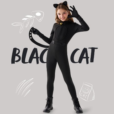 Joyfy Black Cat Halloween Costume Outfits for Girls, Kids Cat Outfit Set with Tail, Child Halloween Bodysuit Costume for Cosplay Dress Up Party