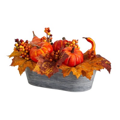 Rustic Fall Pumpkin and Berries Arrangement in Washed Wood Vase
