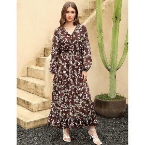 Women's Bohemian Floral Print Maxi Dress - V-Neck Long Sleeve Wedding Guest Gown, Flowy Beach Dress - 1 of 4