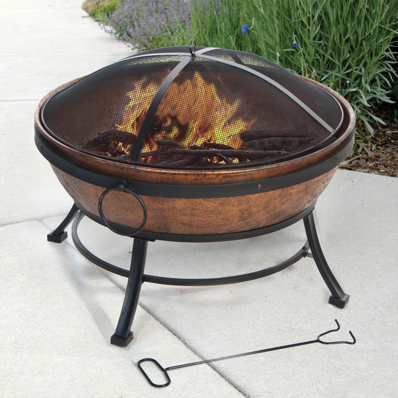 DeckMate 30371 Avondale Outdoor Patio Portable Steel Round Fire Bowl Fire Pit with Poker and Mesh Lid for Patios, Porches, Gardens, and Decks, Copper, 2 of 8
