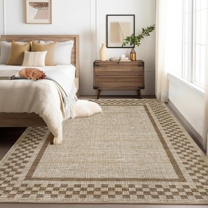 coucheta 9x12ft Machine Washable Area Rugs, Modern Bordered Non Slip Checkered Geometric Soft Bedroom Throw Carpet, for Living Room, Dining, Taupe - 1 of 4