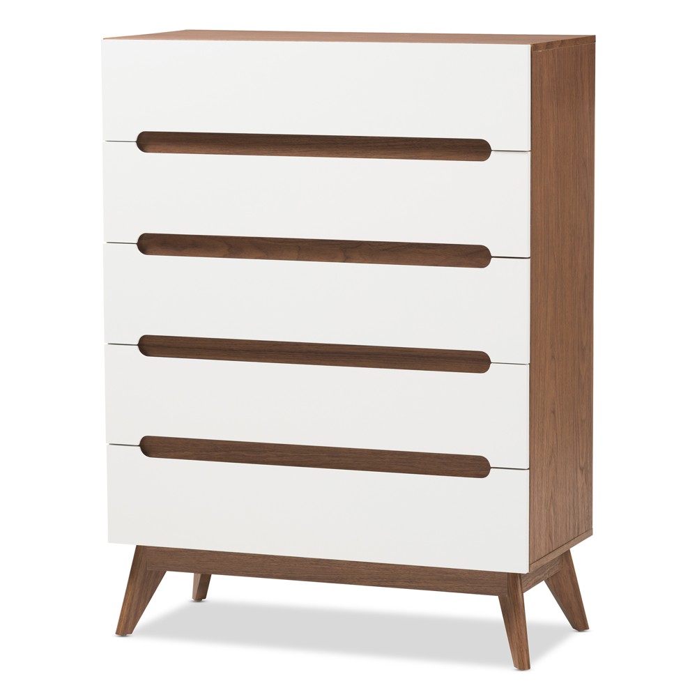 Photos - Dresser / Chests of Drawers Calypso Mid-Century Modern Wood 5 Drawer Storage Chest Brown - Baxton Stud