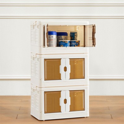 GlasFlength Decorative Storage Cabinets, Portable Organizer Boxes with Doors and Wheels for Living Room, Bedroom, White, 19.8"*11.8"*11.8"