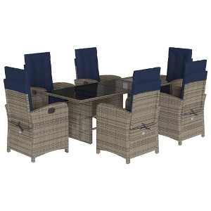 vidaXL 7-Piece Patio Dining Set - Gray Poly Rattan with Navy Blue Cushions, Adjustable Reclining Chairs, Tempered Glass Top Table for Garden/Outdoor - 1 of 4
