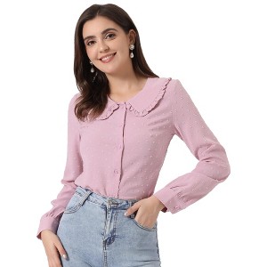 INSPIRE CHIC Women's Swiss Dots Peter Pan Collar Long Sleeve Button Down Shirt - 1 of 4