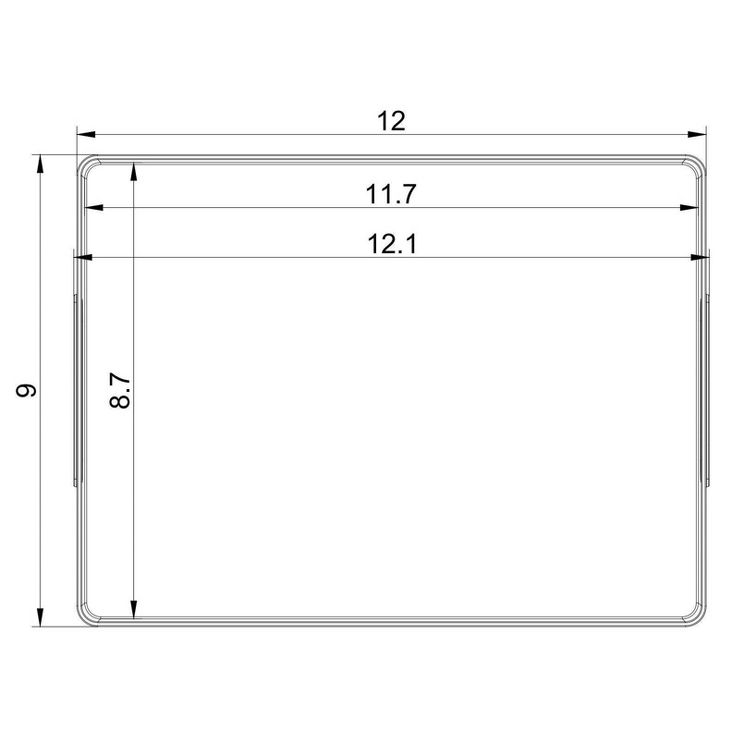 A rectangular bathroom tray with dimensions labeled as 12 by 9, with inner measurements of 11.7 by 8.7.