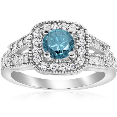 Pompeii3 1 1/10ct Blue Diamond Cushion Halo Engagement Ring 14k White ...