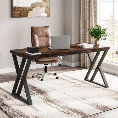 Rustic Brown Wood Writing Desk with Z-Shaped Metal Legs