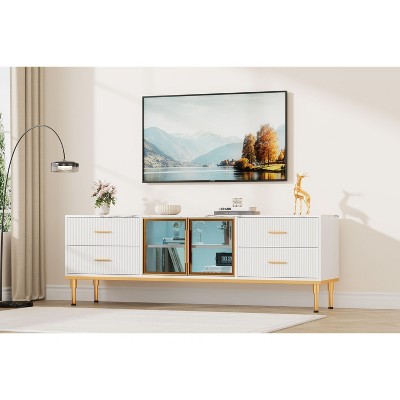 Homhougo 65 Inch TV Stand with LED Lights, Modern Entertainment Center with 4 Drawers & Shelves & Glass Doors White