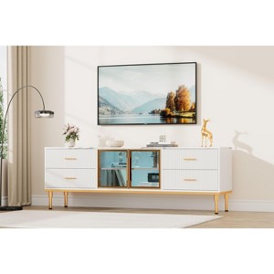 Homhougo 65 Inch TV Stand with LED Lights, Modern Entertainment Center with 4 Drawers & Shelves & Glass Doors White - 1 of 4