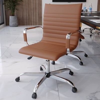 Harris Light Brown Leather High-Back Swivel Office Chair with Chrome Frame