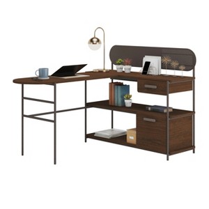 Vynxaria L-Shaped Desk - Brown Finish, Reversible Return, Storage Drawer (Metal Runners), Letter-Size File Drawer, Metal Frame, Cable Management - 1 of 4